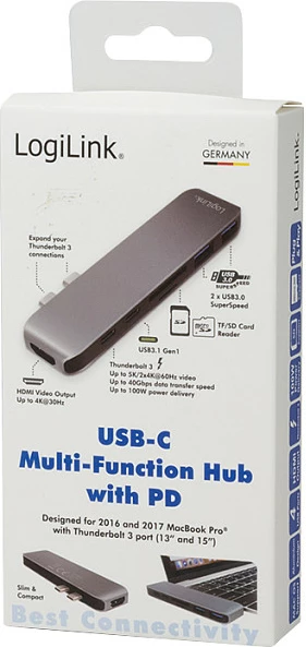 Docking station LogiLink USB 3.2 Gen2x2, USB-C, 7-port, me PD, alumin, gri/argjend