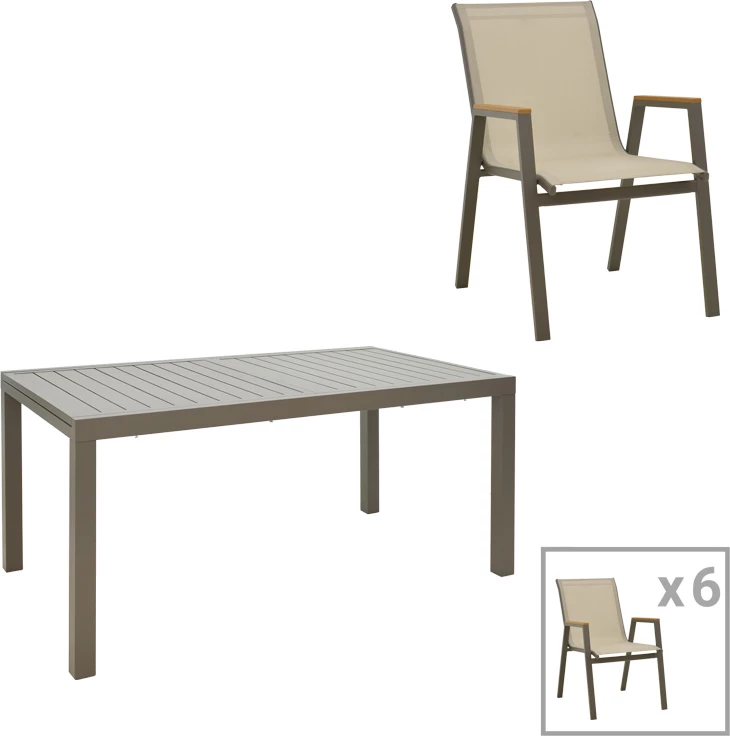 Set tavoline me karrige për terasë Lafla-Azelie, alumin ngjyrë shampanjë dhe sipërfaqe tavoline prej plywood, 160-240x100x75cm, 7 pjesë
