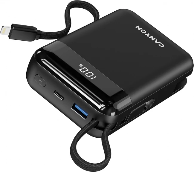 Power bank CANYON OnPower 204 20000 mAh 22.5 W, kabllo e integrume USB-C/Lightning, e zezë