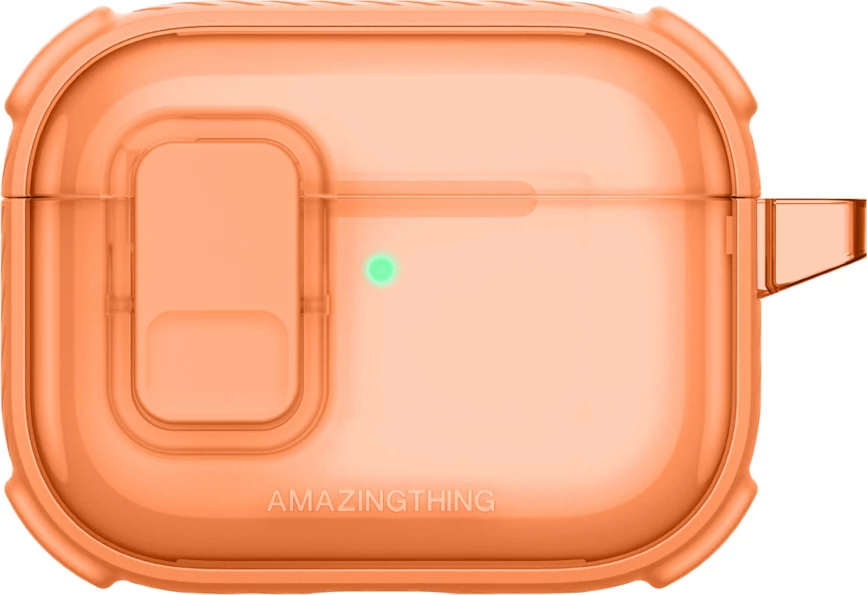Mbështjellës për kufje, AmazingThing, Titan Pro Mag Case Clear për AirPods Pro 3, me karabiner, kompatibil me karikim wireless, portë me bllokim të brendshëm, port kundër goditjeve PC/TPU, portokalli