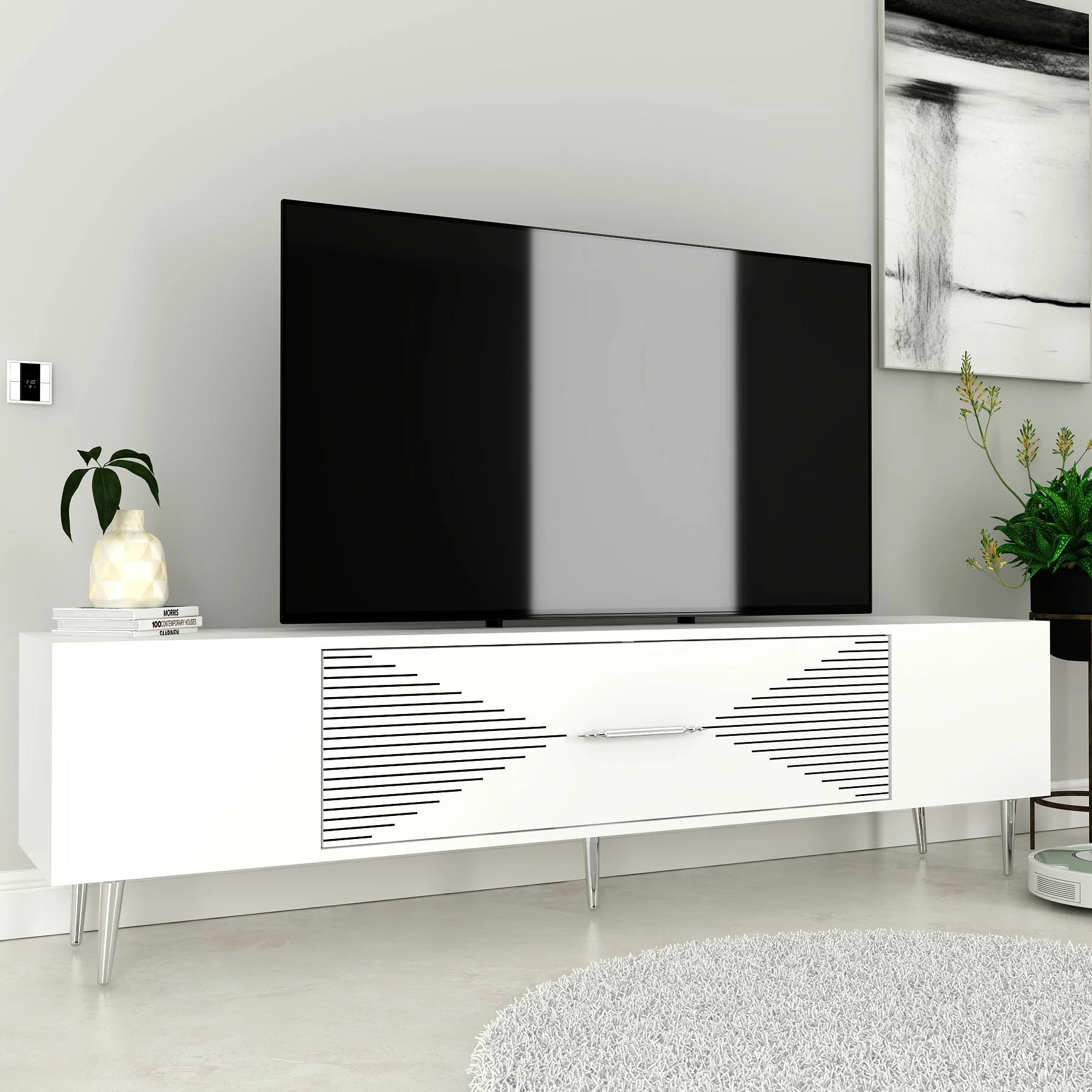 Komodë TV Skye Decor, e bardhë, argjend