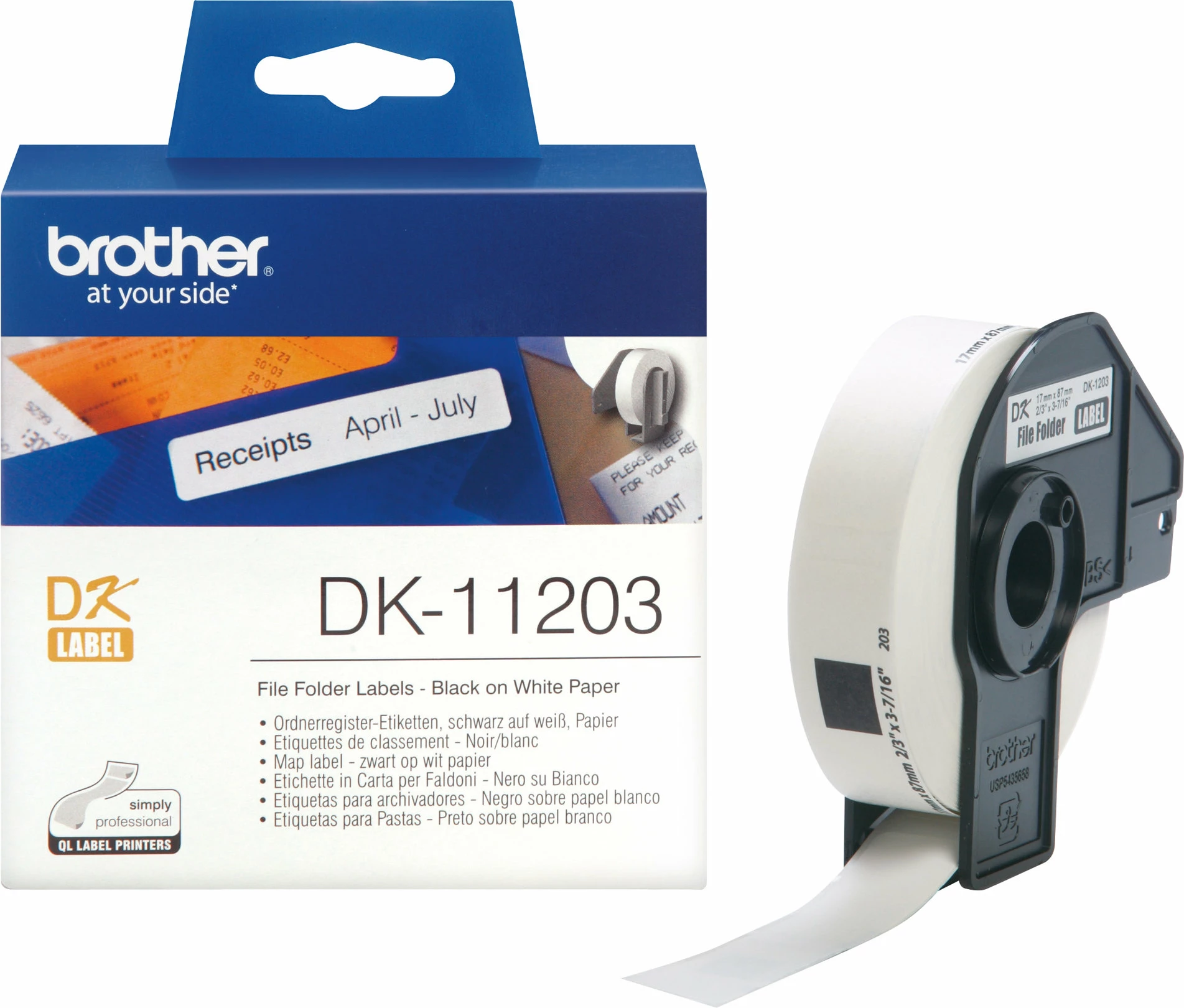 Etiketa Brother DK-11203 për dosje, 17x87mm, 300 copë, bardhë me të zezë