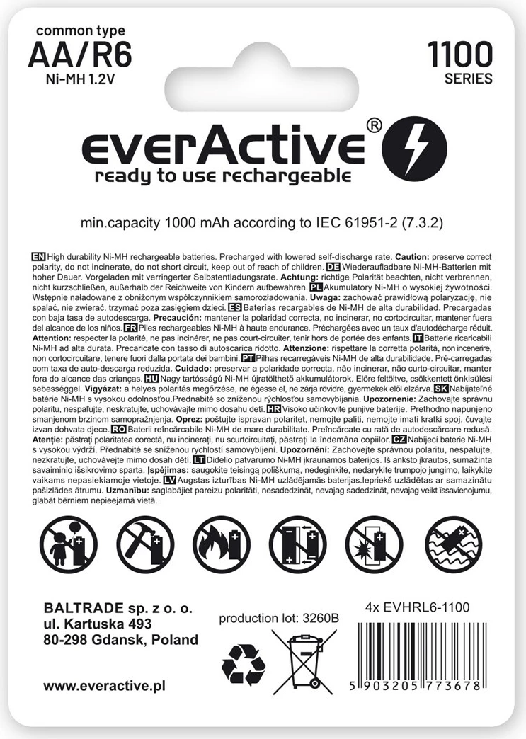 Bateri të rikarikueshme everActive Ni-MH R6 AA 1100 mAh Infinity Line, 4 copë