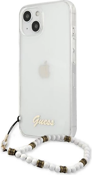 Mbështjellës Guess GUHCP13SKPSWH për iPhone 13 mini 5.4", transparent, me varëse perlë