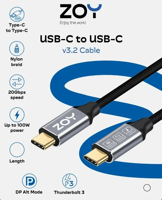Kabllo USB-C në USB-C ZOY ZCCC2 2 m USB 3.2 Gen2 20Gb/s 100 W Black-Silver