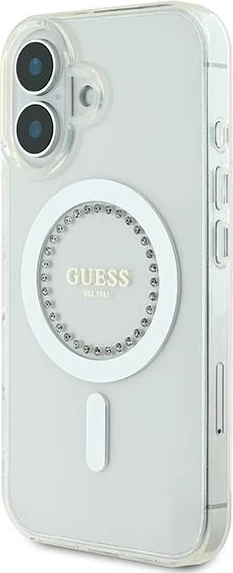 Mbështjellës Guess IML Rhinestones MagSafe për iPhone 16 Plus 6.7", hardcase TPU/PC, i bardhë, në kuti