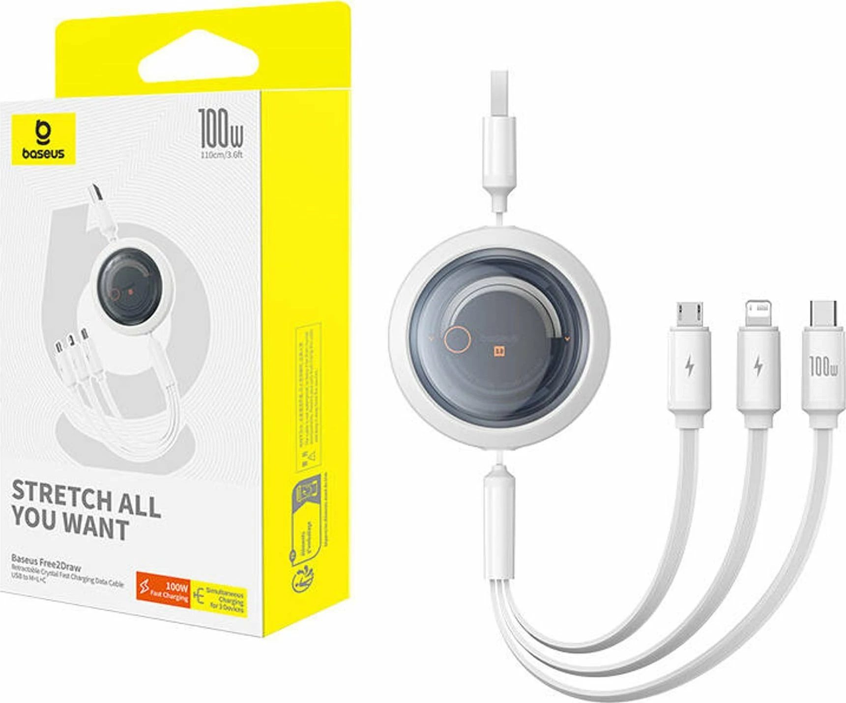 Kabllo USB-A në USB-C + microUSB + Lightning Baseus Free2Draw 1.1 m 100W e rrotullueshme White