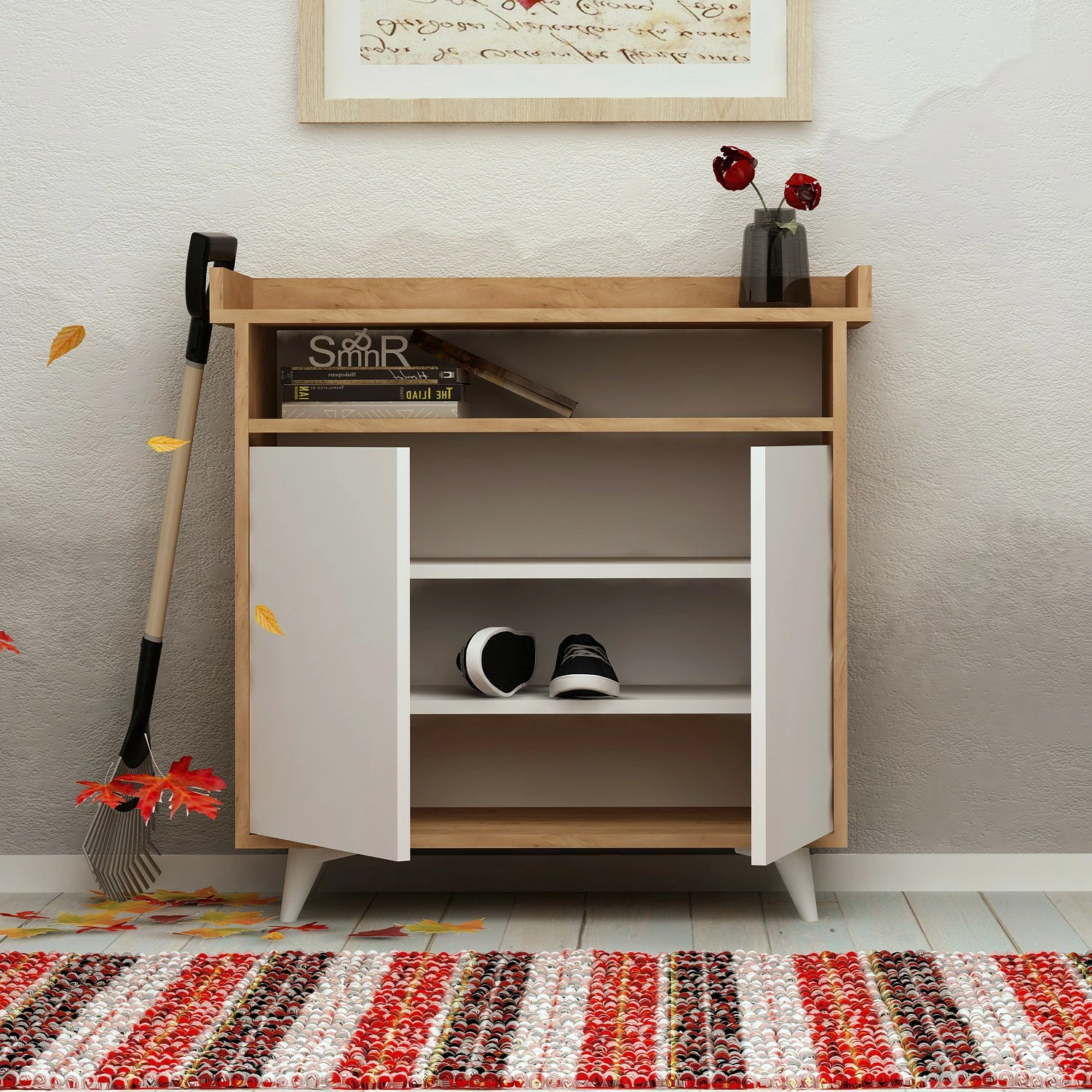 Dollap këpucësh Hanah Home, Springa, ngjyrë lis dhe e bardhë, 100x102x35cm