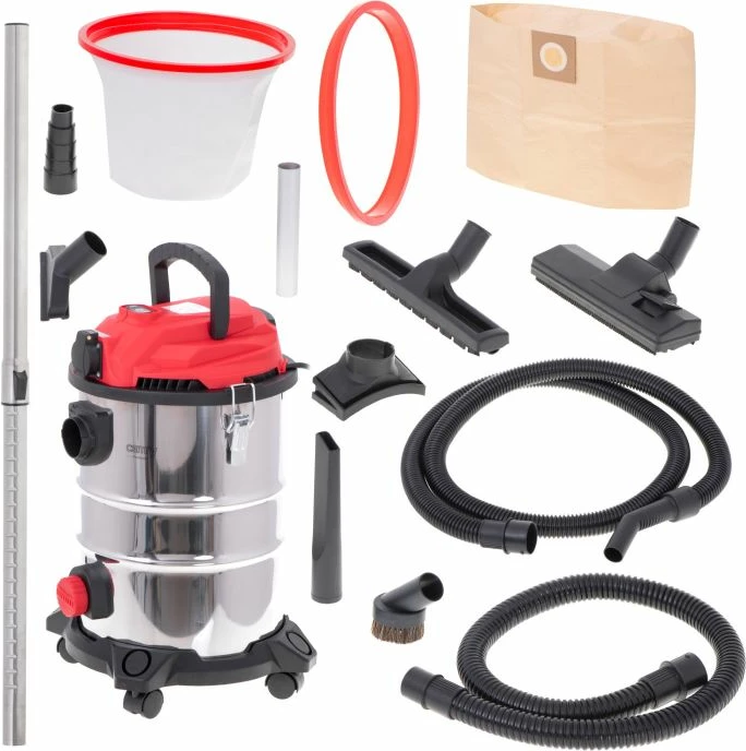 Fshesë me korrent industriale ADLER Camry CR7045 25L 3400W max, e thatë/e lagësht, me prizë për vegla, e kuqe/argjendtë