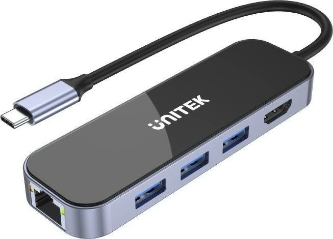 Hub USB-C Unitek D1084A 6-në-1 HDMI, 3x USB-A 3.1, USB-C PD, Gigabit Ethernet, i zi