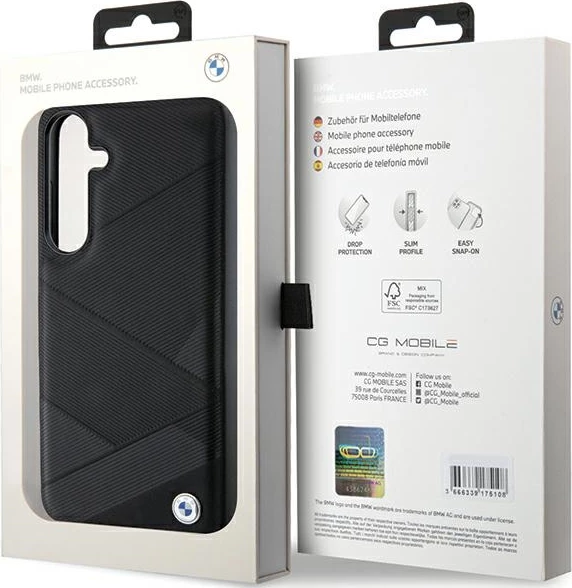 Mbështjellës BMW BMHCS24M23RCGPK Signature Leather Crossing Lines Pattern për Samsung Galaxy S24+ S926, i zi