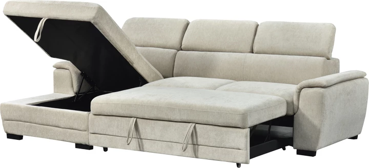 Këndare Dreamora me hapësirë për depo, kënd i djathtë, stof bezhë, 270x167x82cm