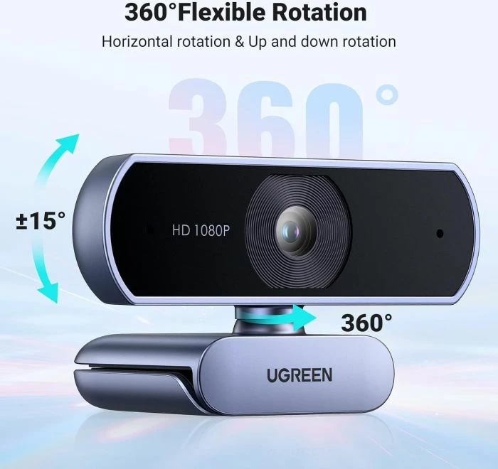 Webcam UGREEN 15728 Full HD 1080P 30fps, dy mikrofonë, FOV 85°, kabllo 2m, zezë/argjendtë