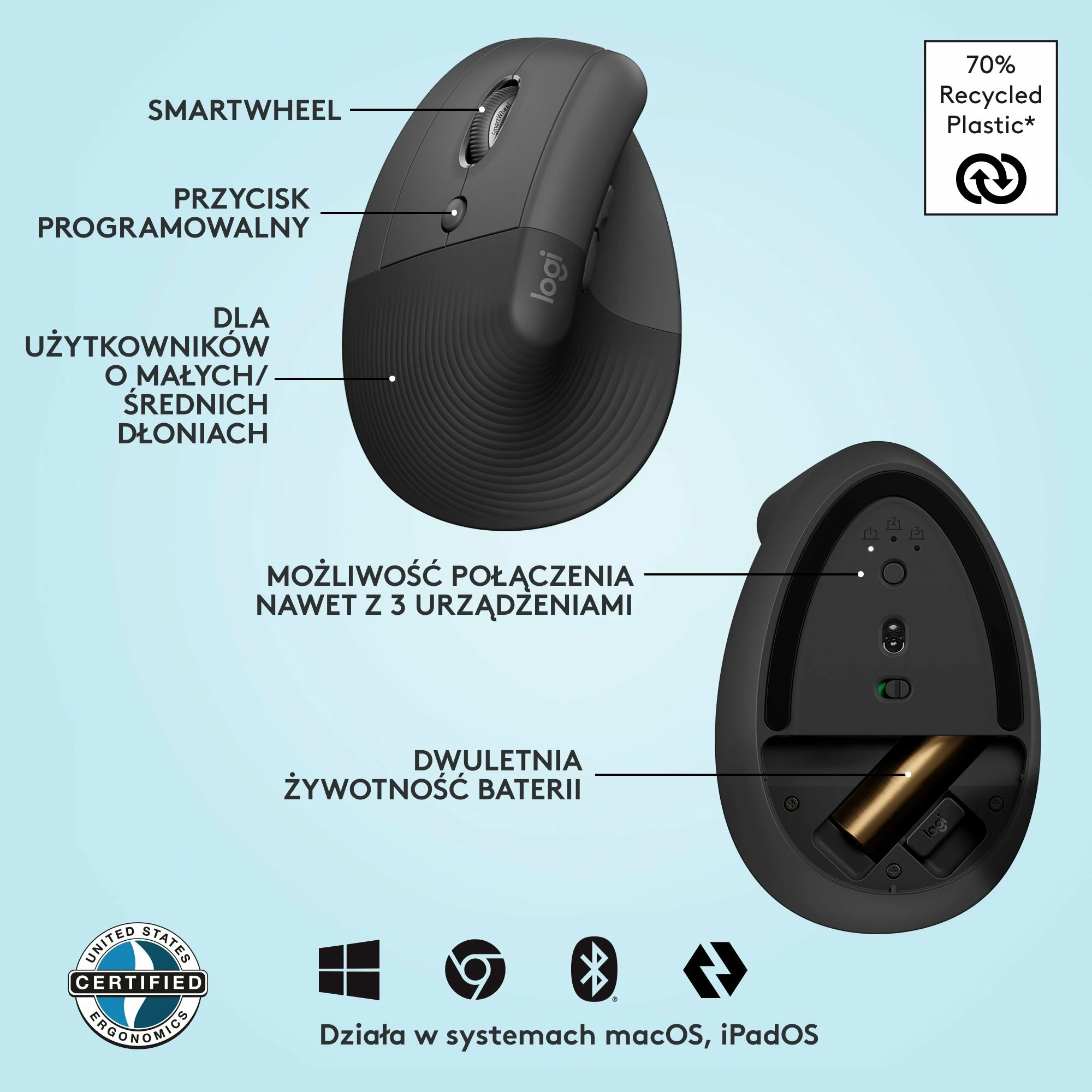 Maus vertikal Logitech Lift 910-006474 4000 DPI wireless për dorë të majtë, Graphite
