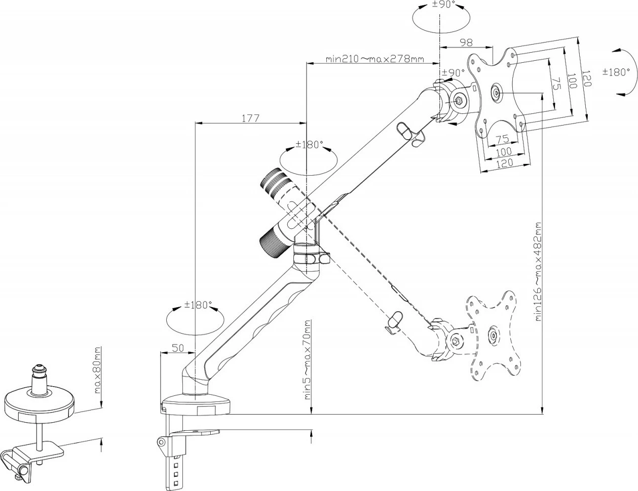 Krah monitori tavoline Digitus DA-90469, 1x LCD deri 35\", 10 kg, VESA 75x75/100x100, me kapëse, i zi