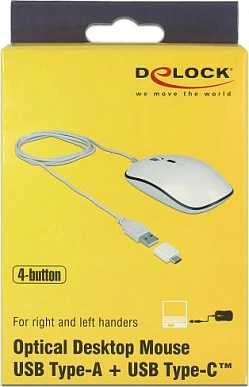 Maus DeLOCK 12532, me kabllo USB-A/adapter USB-C, optik 3200 DPI, ambidekster, i bardhë