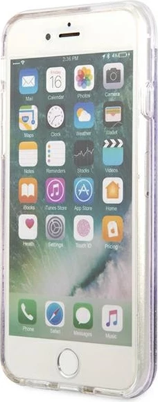 Mbështjellës, Guess, Flower Liquid Glitter, për iPhone SE 2022/SE 2020/7/8, hardcase TPU, me shkëlqim të lëngshëm dhe motiv lulesh, vjollcë