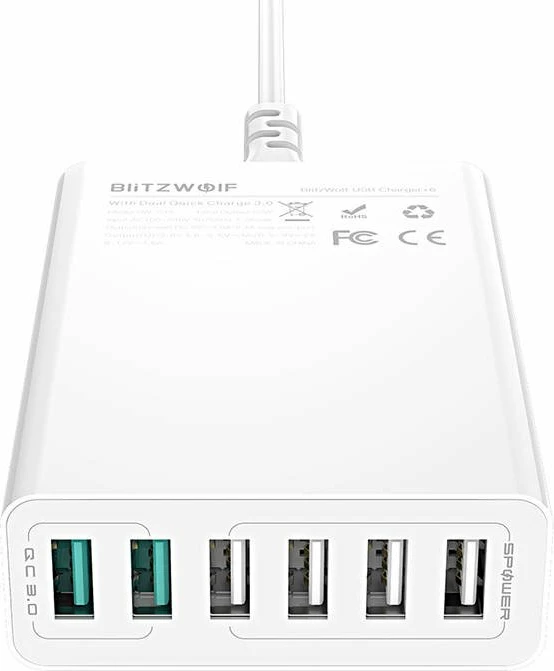 Karikues BlitzWolf BW-S15, 6x USB, QC 3.0, 60 W, i bardhë