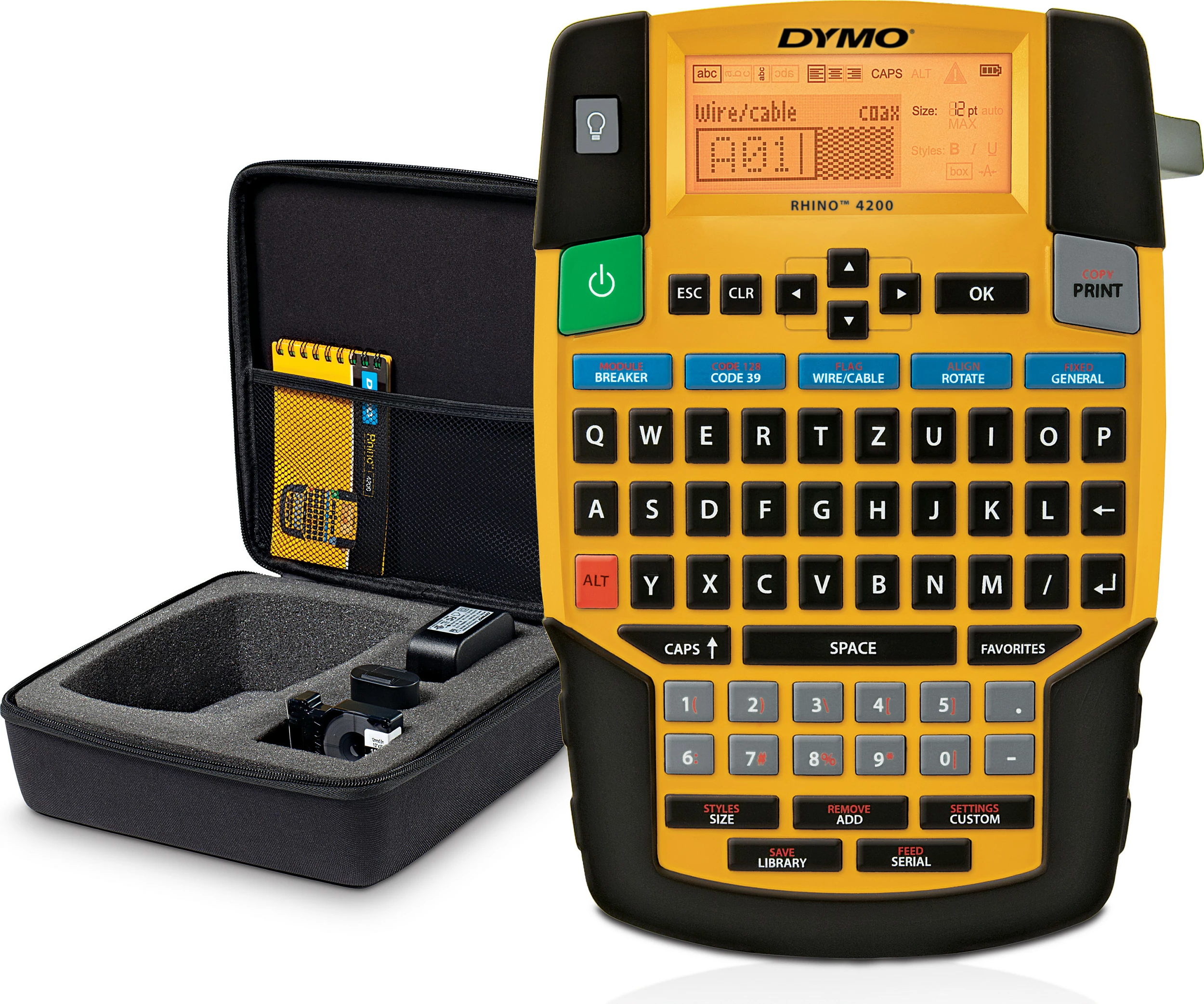 Printer dore për etiketa Dymo Rhino 4200, QWERTZ, deri 19 mm, Thermal Transfer, e zezë/verdhë
