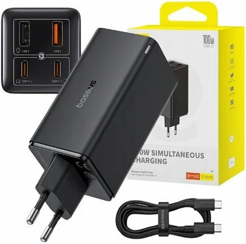 Karikues rrjeti Baseus GaN6 Pro P10162705112-00 100W 2x USB-A + 2x USB-C 3A, i zi