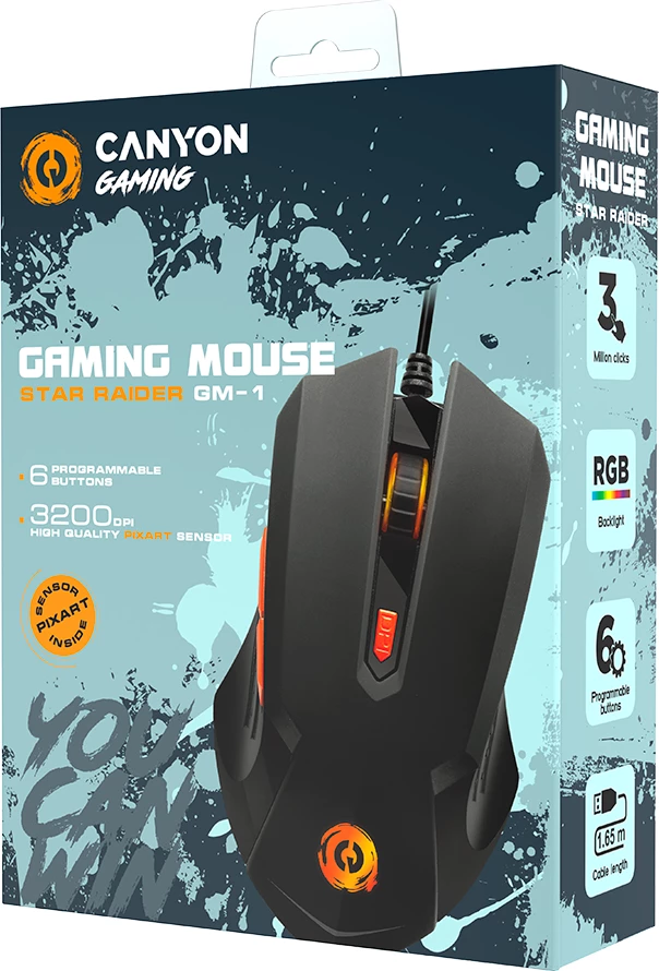 Maus CANYON Star Raider GM-1, me kabllo USB, RGB, 6 butona, 3200 DPI, i zi