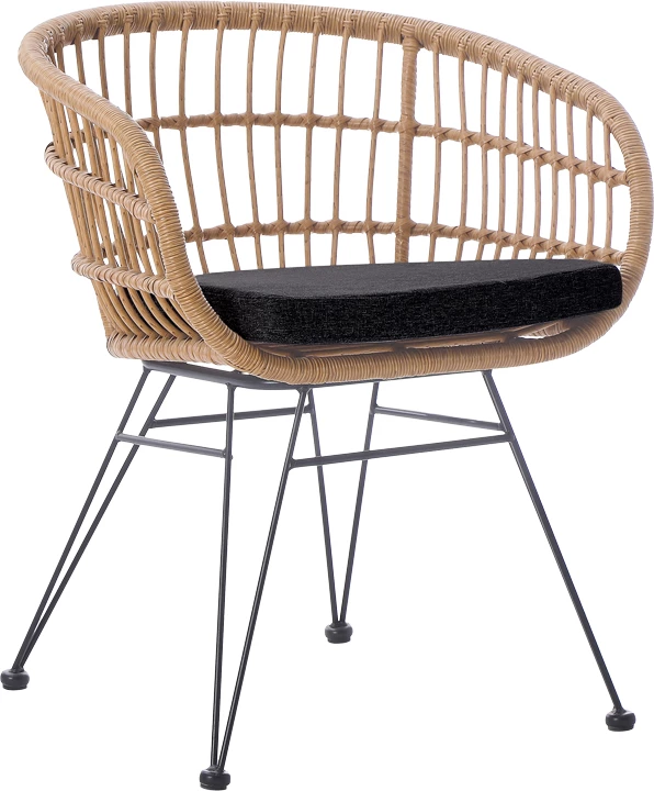 Karrige Naoki me jastëk pe rattan, ngjyrë natyrale, këmbë metalike të zeza, 63x61x79cm