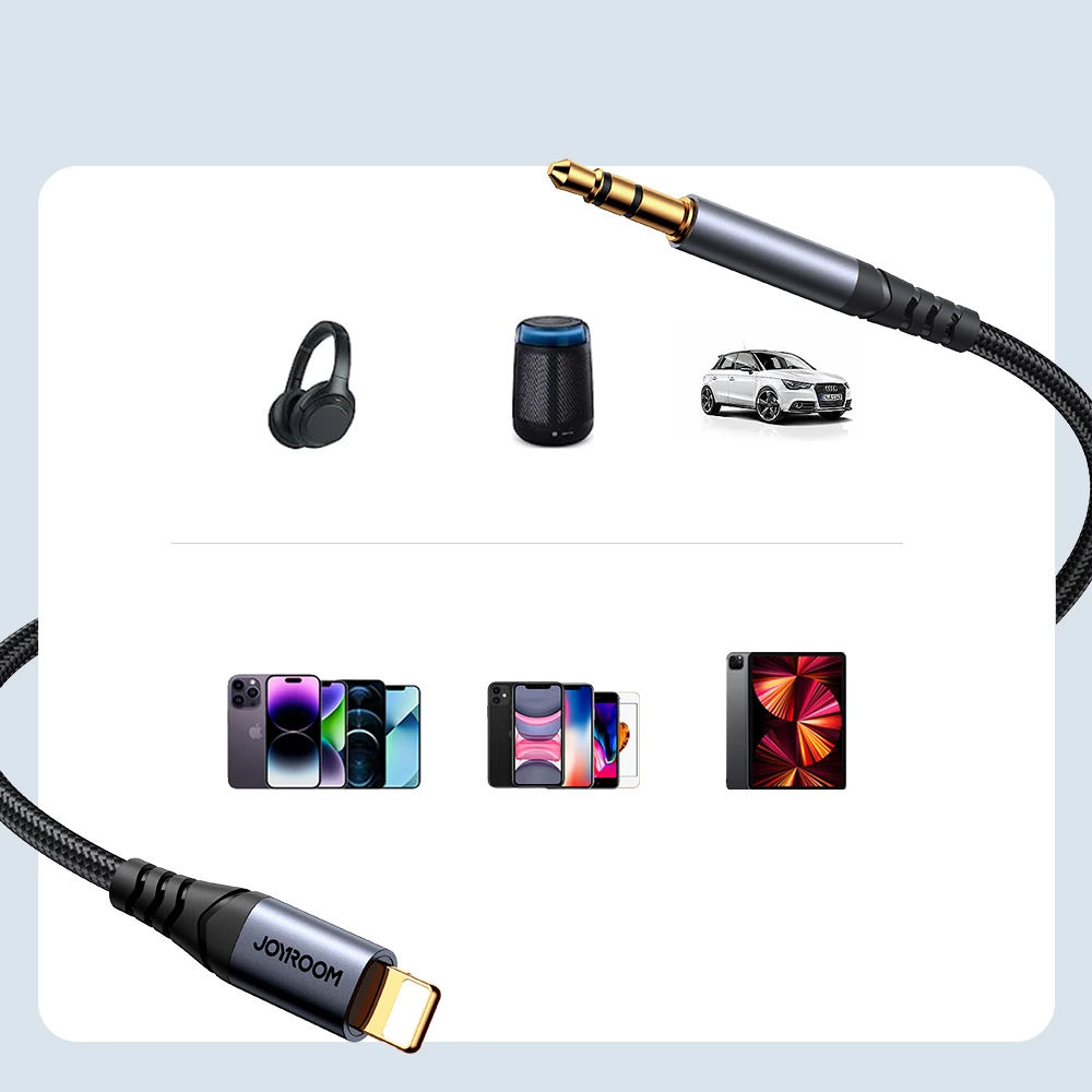 Kabllo audio 3.5 mm mini jack në Lightning, Joyroom SY-A06, 1.2 m, HiFi DAC, gërshetim najloni, e zezë