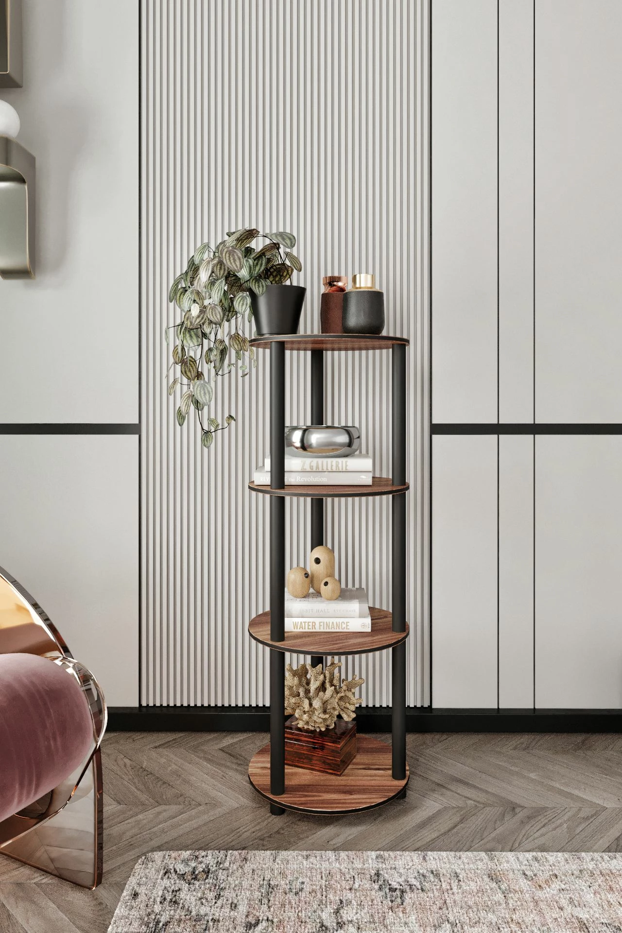 Raft librash Skye Decor, 4 kate, ngjyrë arre, i rrumbullakët