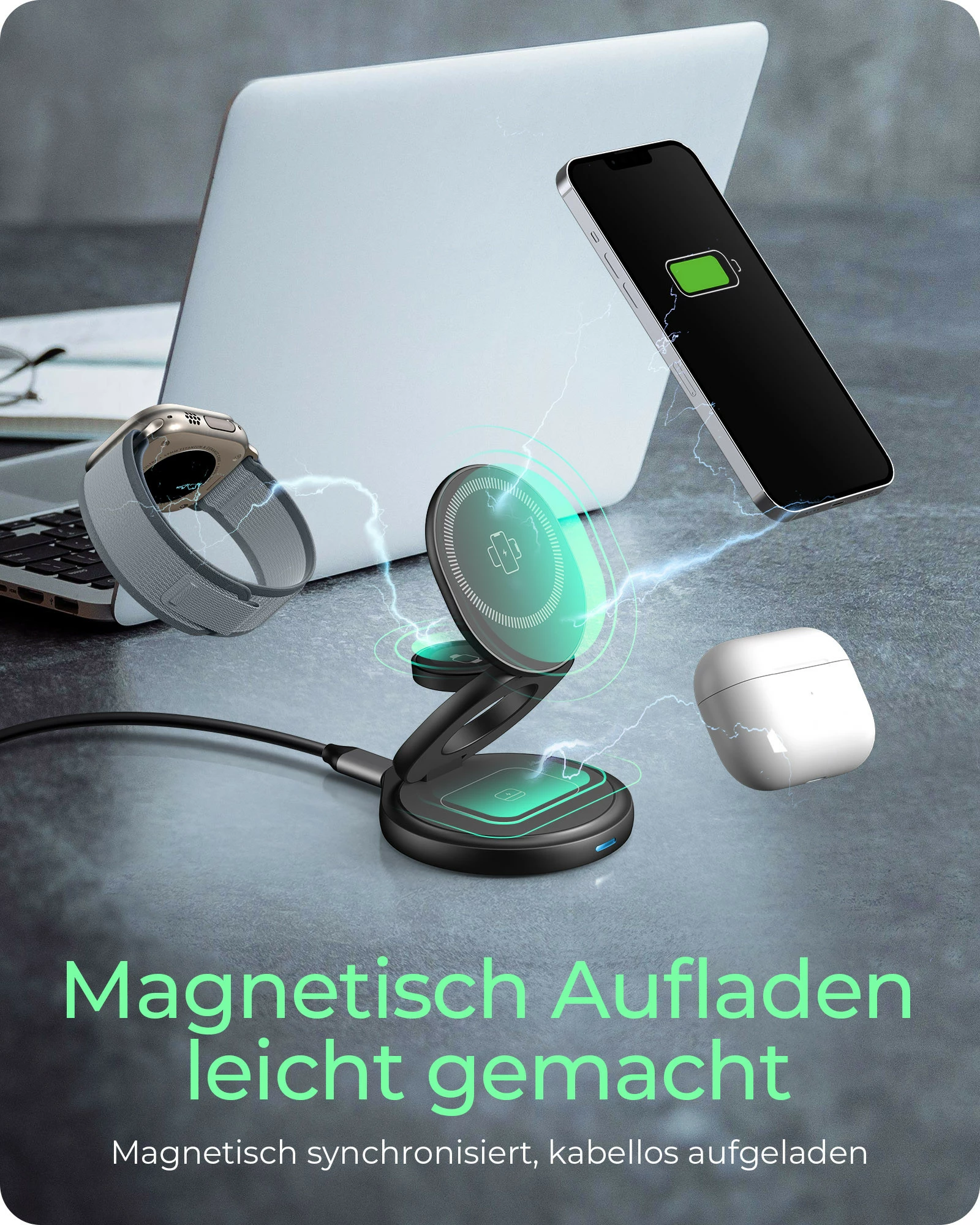 Stacion karikimi magnetik ICY BOX 3-në-1 për iPhone/Apple Watch/AirPods, USB-C PD 15W, palosës, antracit/gri