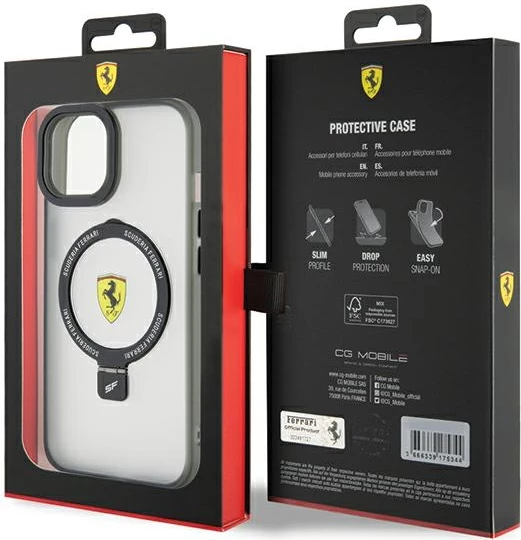 Mbështjellës Ferrari FEHMP15SUSCAH për iPhone 15 6.1", transparent, me ring stand dhe MagSafe