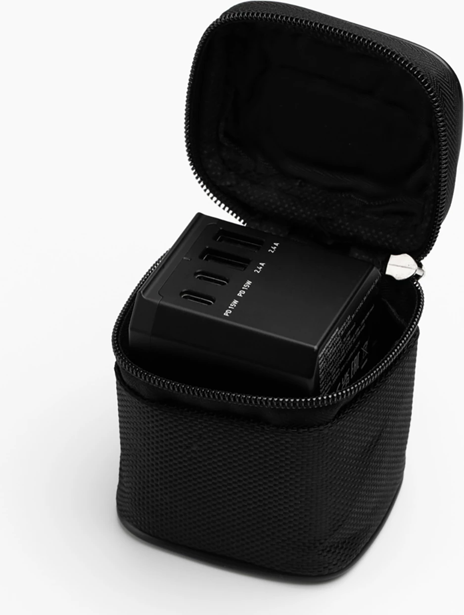Adapter udhëtimi GaN 70W, SBS, 5 porta USB-A/USB-C, PD, prizë globale EU/UK/US/AU, me pouch, e zezë