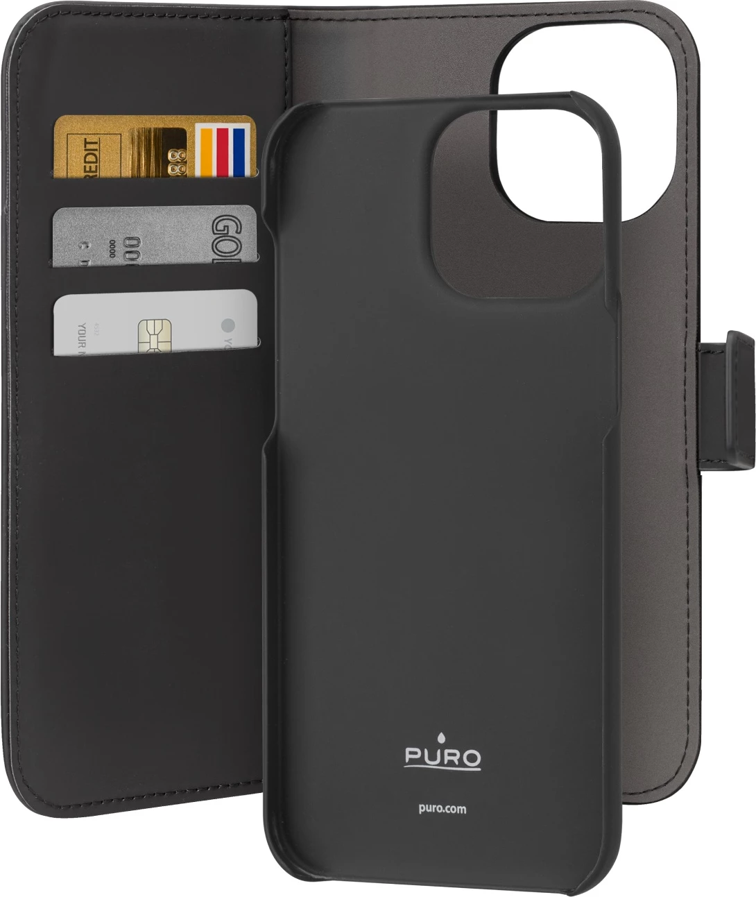 Mbështjellës portofol Puro Wallet Detachable MagSafe 2in1 për iPhone 15 Pro Max, lëkurë ekologjike, e zezë