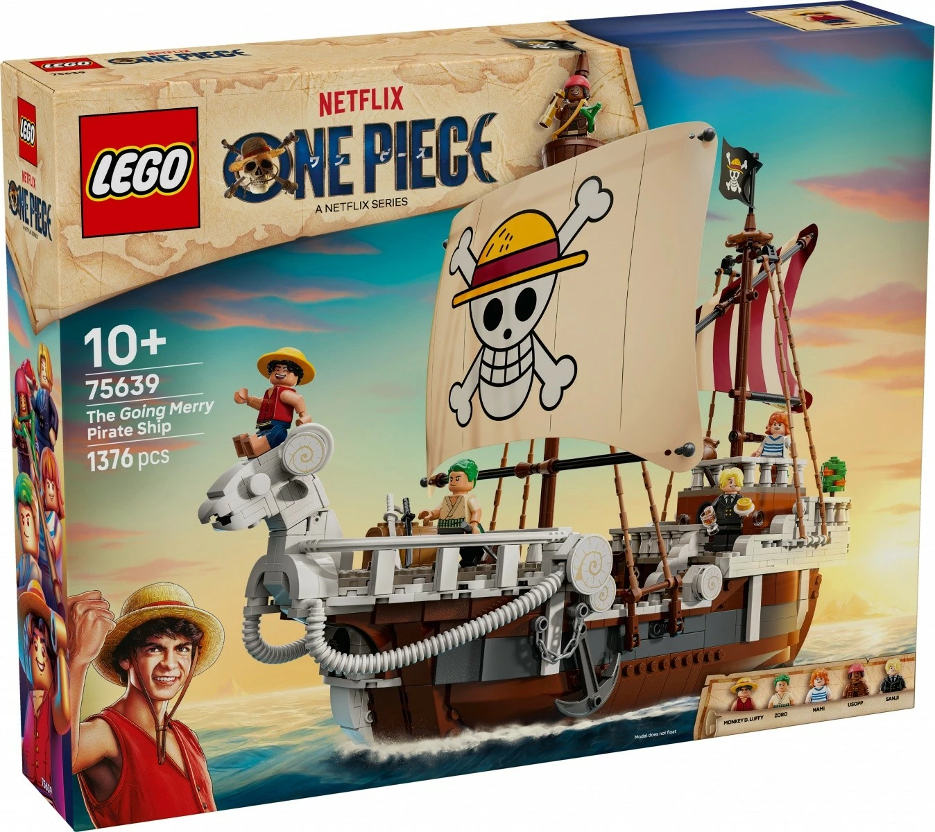 Set ndërtimi, LEGO, 75639 One Piece Going Merry, 1376 pjesë 10+, ekstra i madh, me 5 minifigura