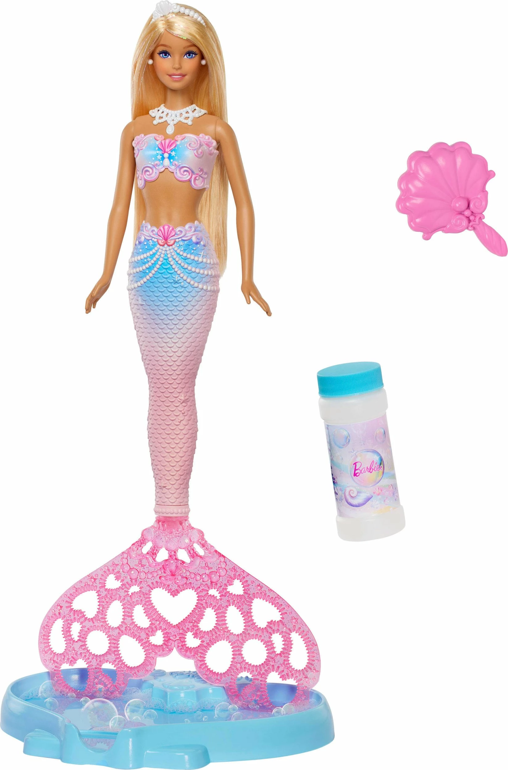 Kukull sirenë Barbie Dreamtopia Bubble Mermaid Mattel JLW56, me mekanizëm flluskash pa bateri, set me tabaka, solucion dhe brushë, rozë