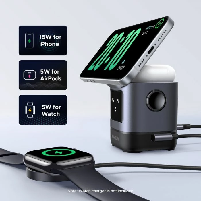 Karikues wireless magnetik UGREEN Uno Qi2 2-në-1 15W me portë USB-C për Apple Watch, gri, set me kabllo USB-C 1m