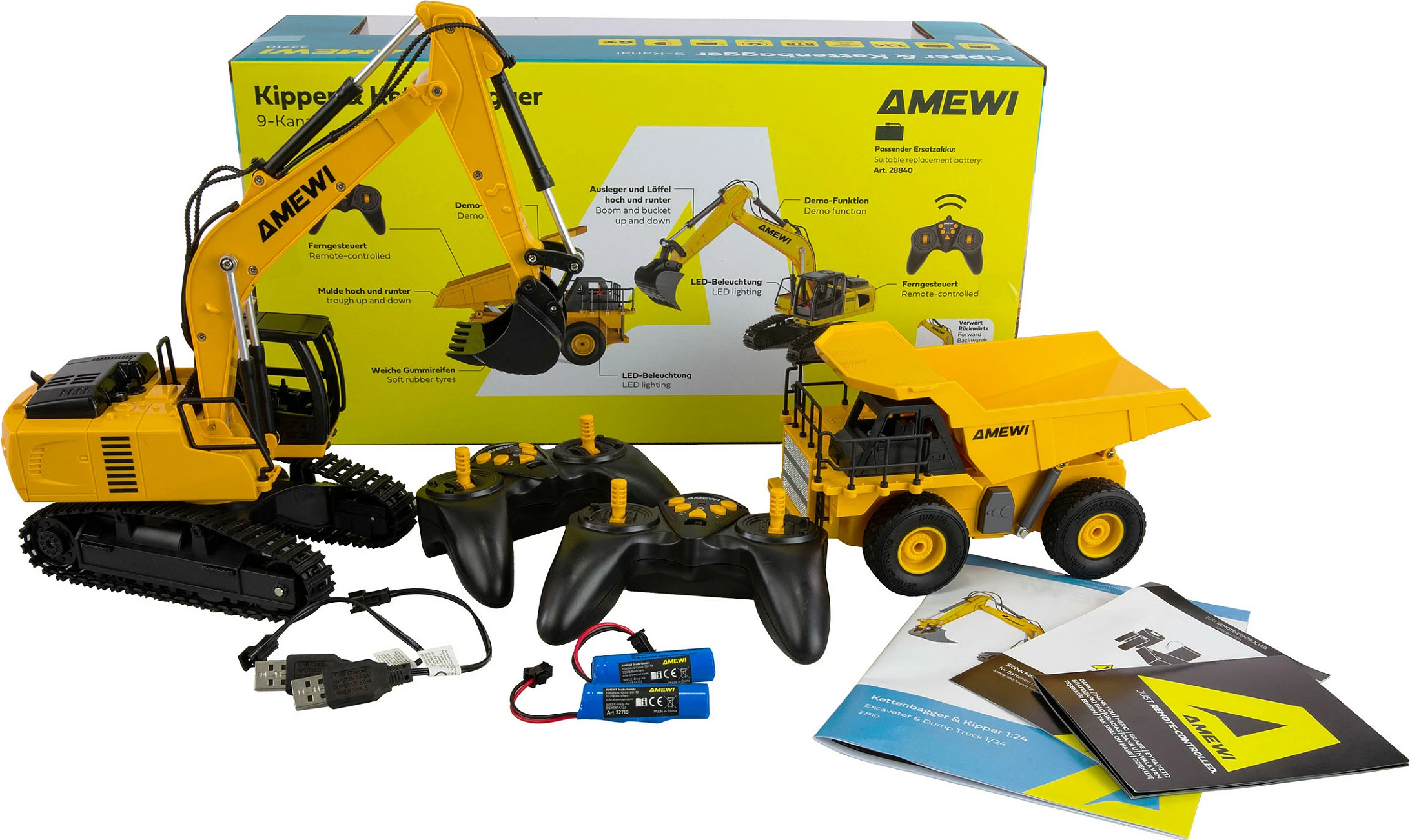 Eskavator RC AMEWI 22710, shkallë 1:24, 2.4GHz, 9 kanale, Li-Ion 500mAh, i verdhë/zi