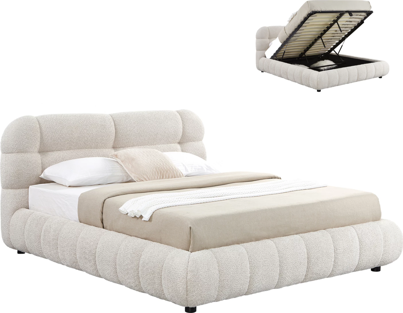 Krevat dopio me hapësirë për depo, stof boucle bezhë, BUBBLE FH730.03, dyshek 160x200cm