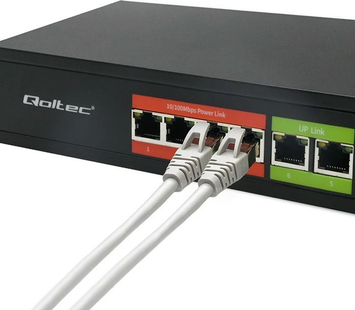 Switch, Qoltec 52289, 6x RJ45 10/100Mb/s (4x PoE 802.3af, total 65W), 2x RJ45 Uplink, Plug & Play, metal, e zezë