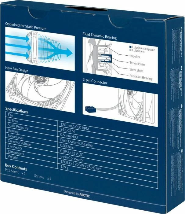 Ventilator PC Arctic P12 Silent ACFAN00130A 120mm 3-pin 1050rpm, i zi, 1 copë