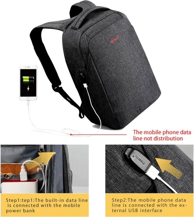 Çantë shpine për laptop Tigernu Crater 16\", 16L, me USB, najlon rezistent ndaj ujit, gri