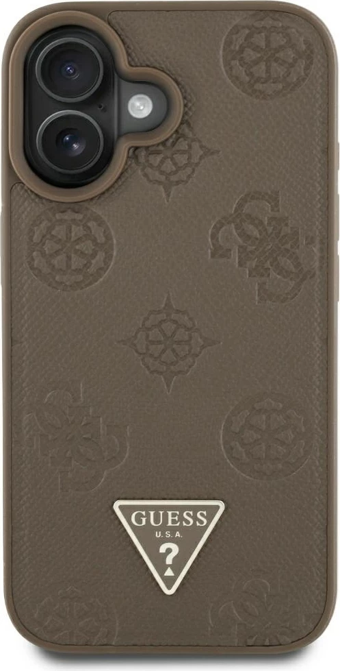 Mbështjellës Guess Grained Hot Stamp Peony Triangle Logo MagSafe për iPhone 16, Kafe