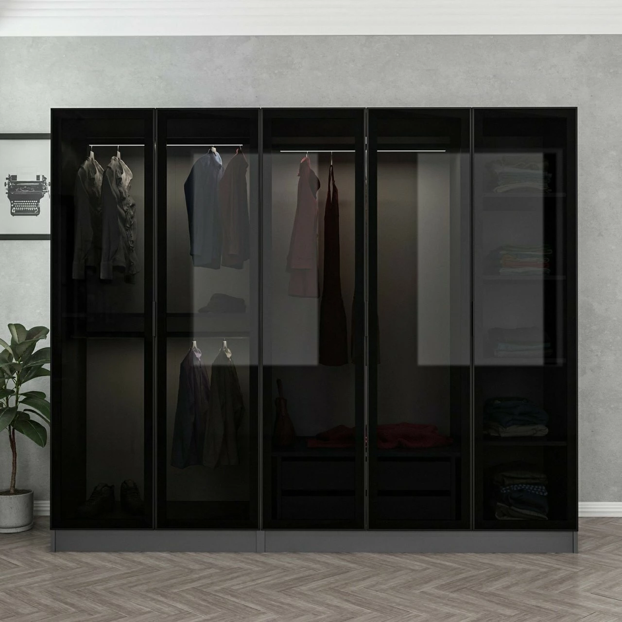 Dollap Skye Decor, anthracite e zi, 225x210x52cm, 7 pjesë