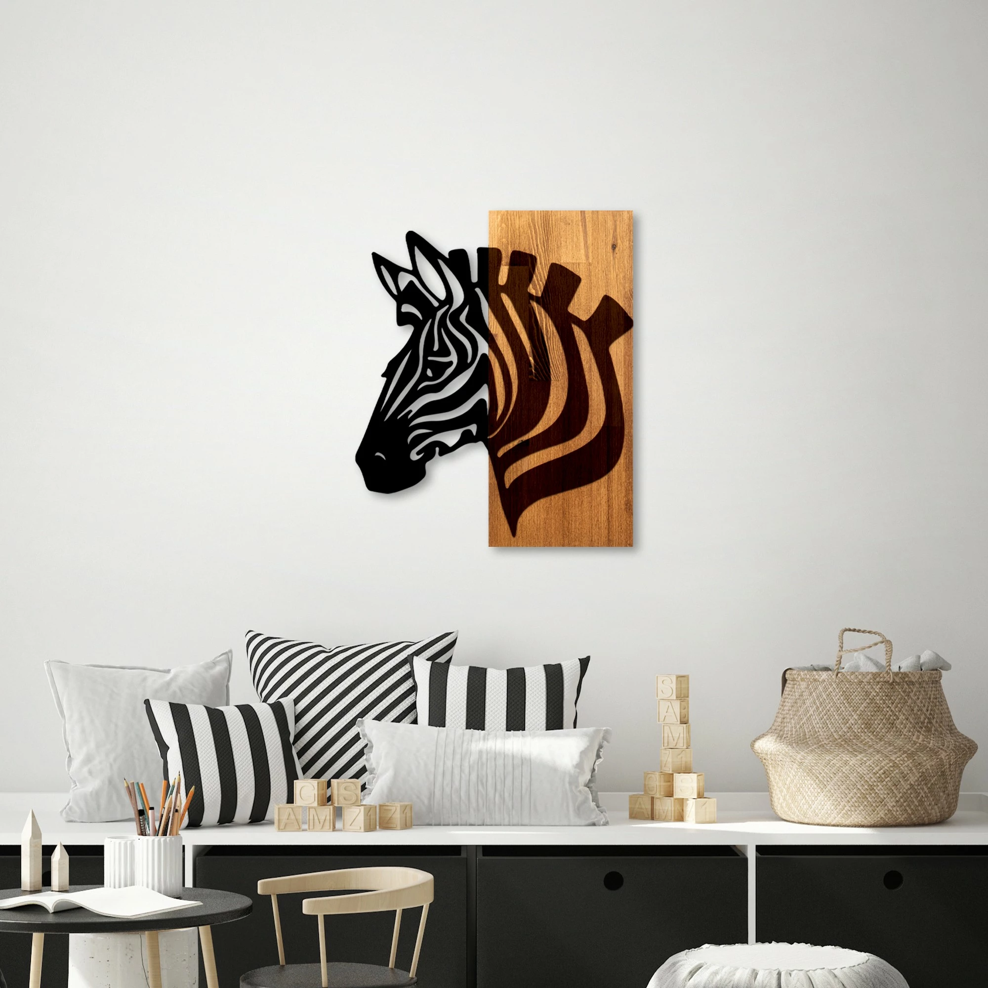 Aksesor dekorativ për mur, dru dhe metal, zebra, Wallity, ngjyrë arre dhe e zezë