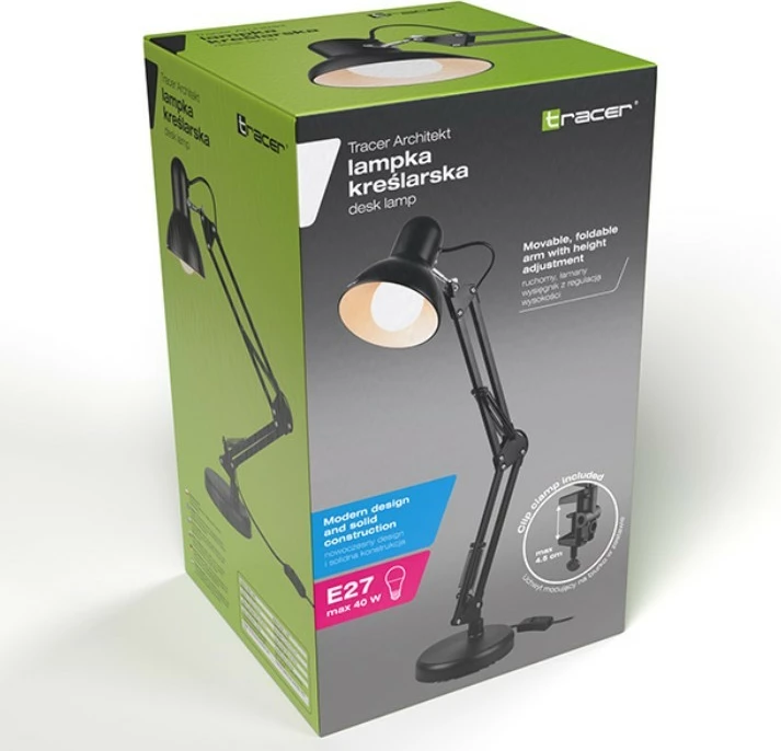Lampë tavoline, Tracer Architect TRAOSW47244, krah fleksibël me kapëse, E27 40 W max, kabllo 1.5 m, e zezë