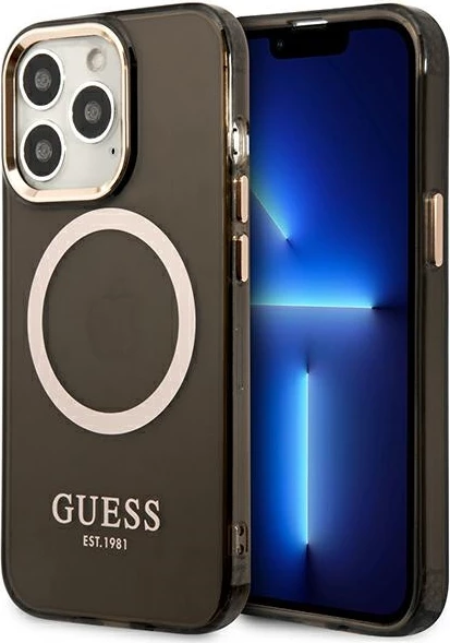 Mbështjellës Guess Gold Outline Translucent MagSafe për iPhone 13 Pro Max, zi