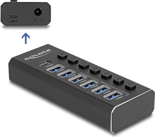 USB hub DeLOCK 7 porta, 4x 10 Gbps, 4x karikim i shpejtë, me çelësa, i zi