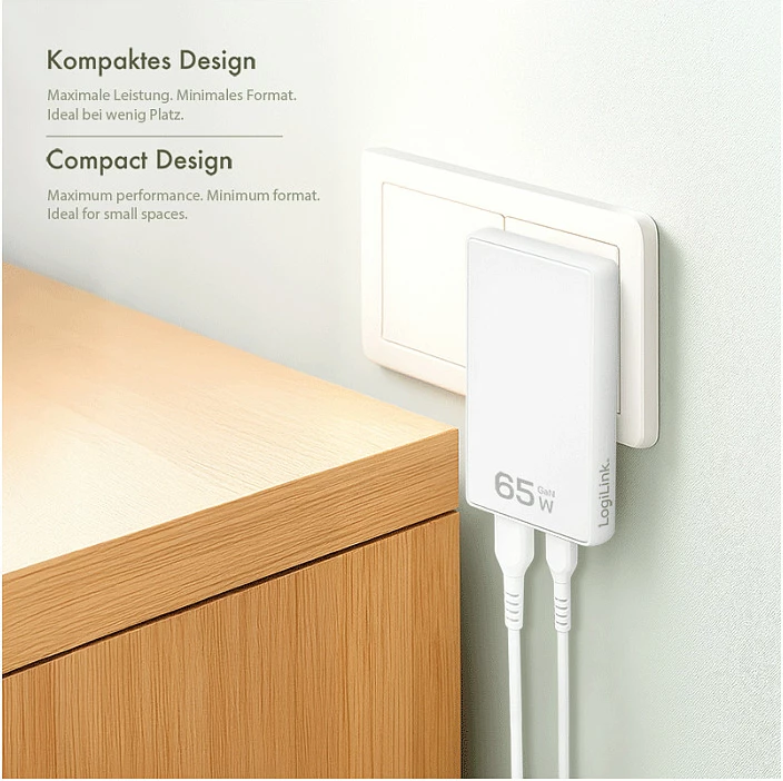 Karikues prizë LogiLink 65W, 1x USB-A + 1x USB-C, i bardhë