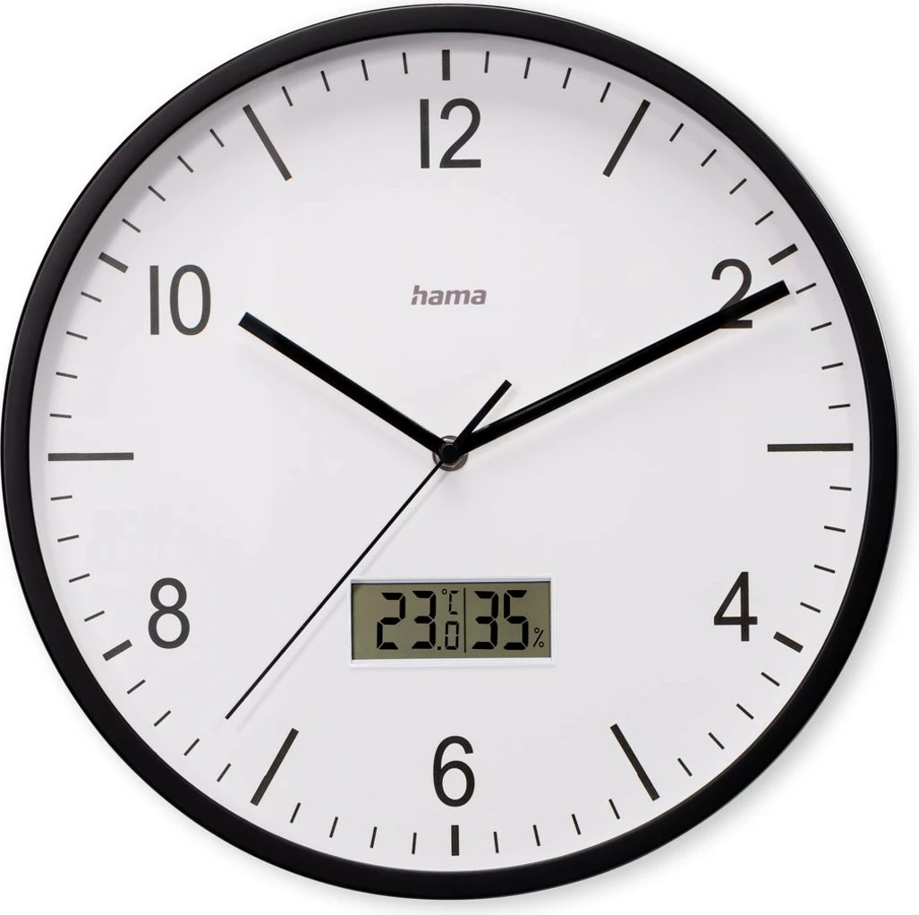 Orë muri, Hama, 185887, 30 cm, radio-kontroll DCF, mekanizëm i qetë, higrometër/termometër, xham, AA, e zezë/e bardhë