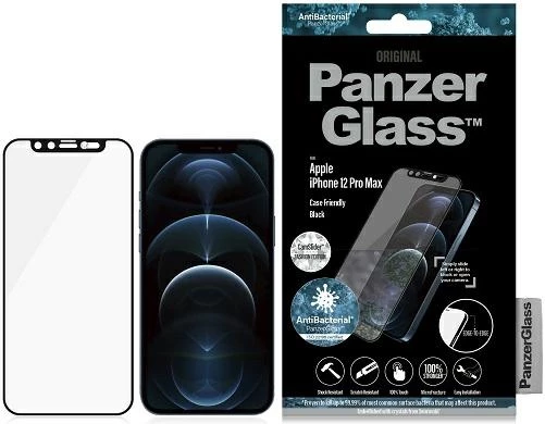 Xham mbrojtës PanzerGlass për iPhone 12 Pro Max, Edge-to-Edge, antibakterial, me CamSlider Swarovski, kornizë e zezë