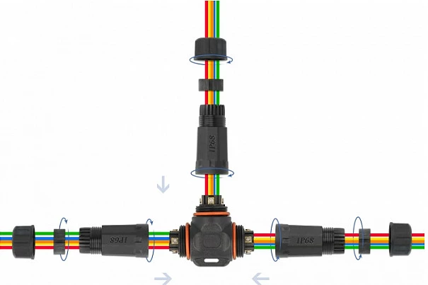 Konektor kablloje DeLOCK T-formë, 5-pin, IP68, 85-260 V, i vidhosshëm, zi